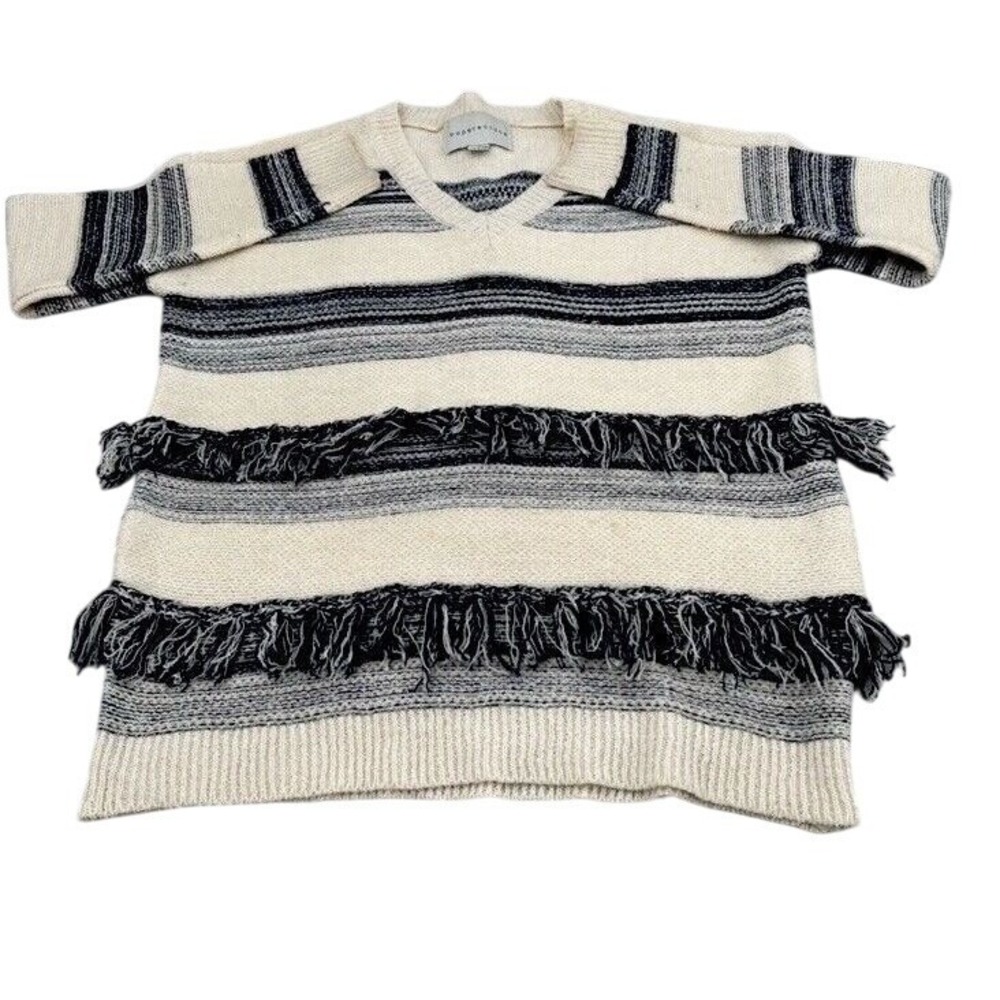 Paper Crane Striped Fringe V-Neck Sweater Womens Size Small Cream Navy Blue Knit